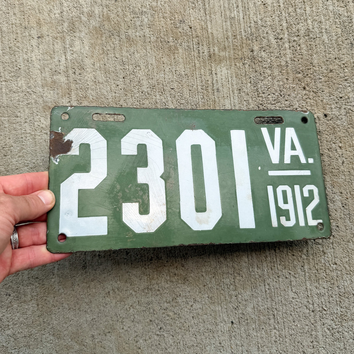 1912 Virginia Porcelain License Plate Auto Tag Low Number Four Digit 2301