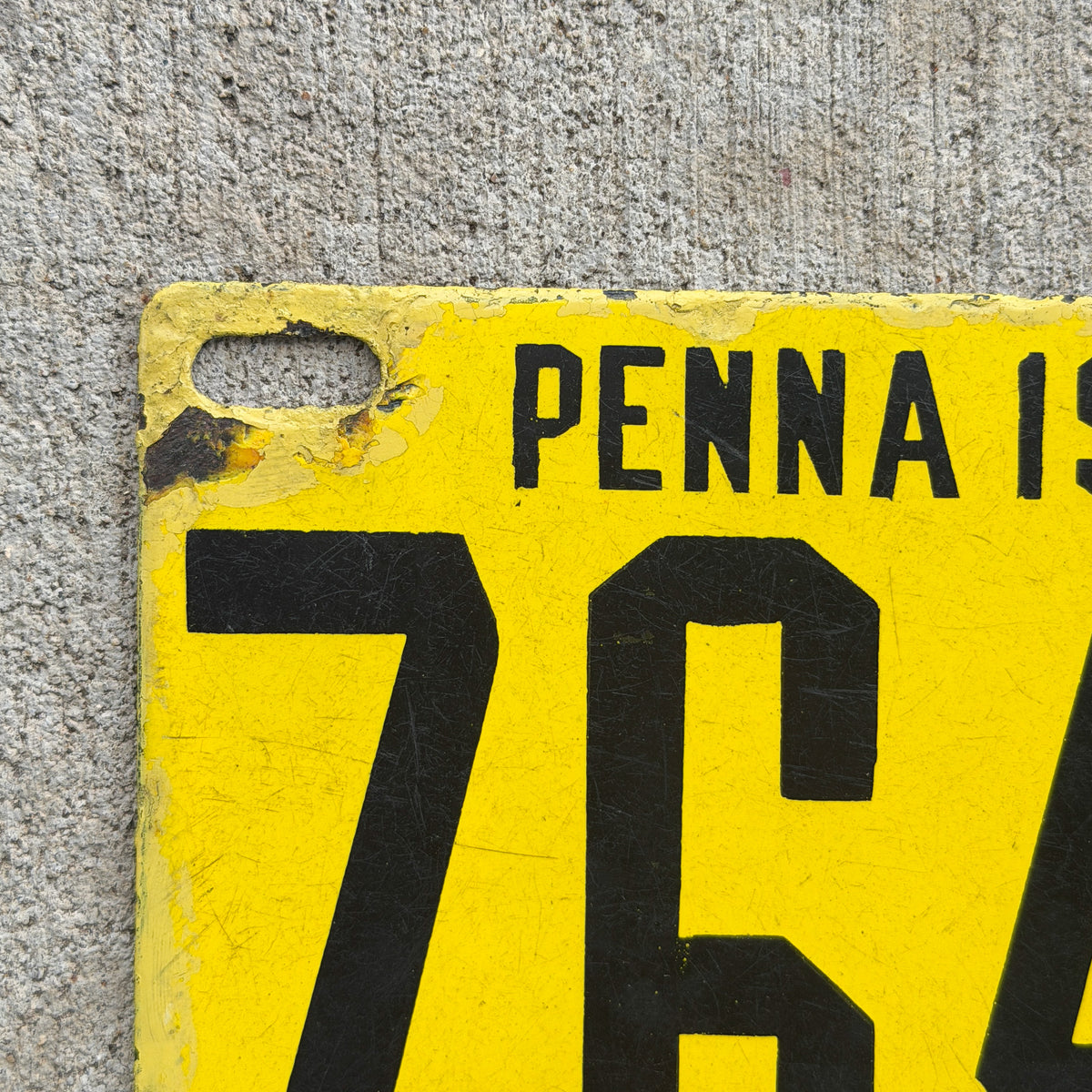 1908 Pennsylvania Porcelain License Plate Auto Tag Low Number Four Digit 7649