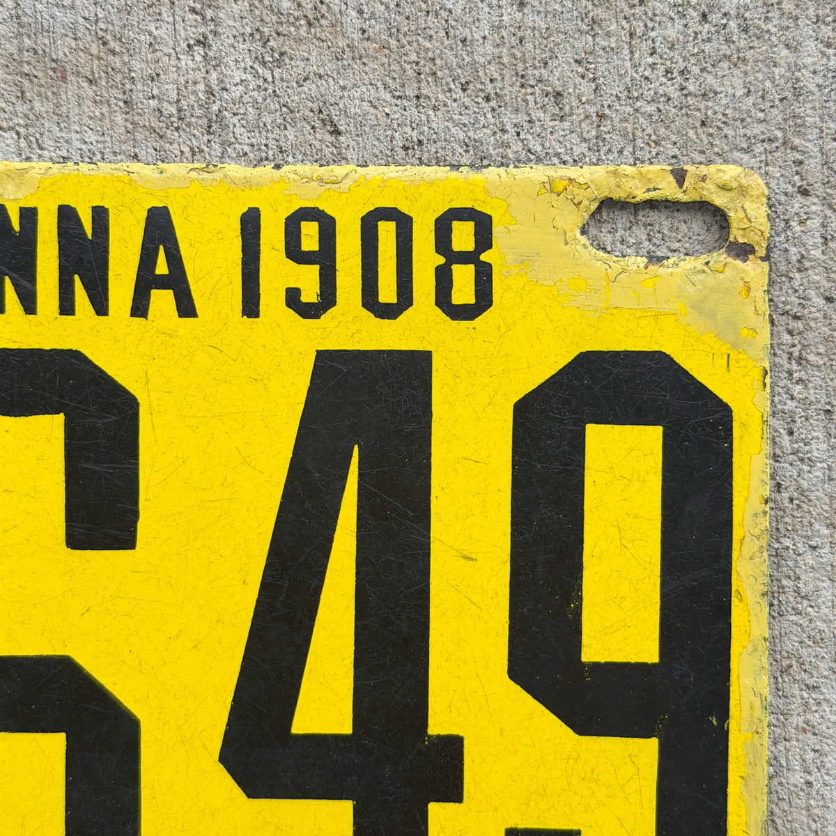 1908 Pennsylvania Porcelain License Plate Auto Tag Low Number Four Digit 7649