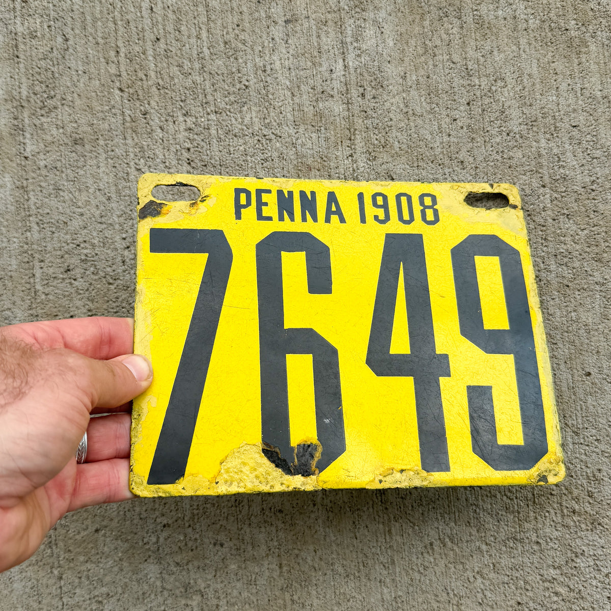 1908 Pennsylvania Porcelain License Plate Auto Tag Low Number Four Digit 7649