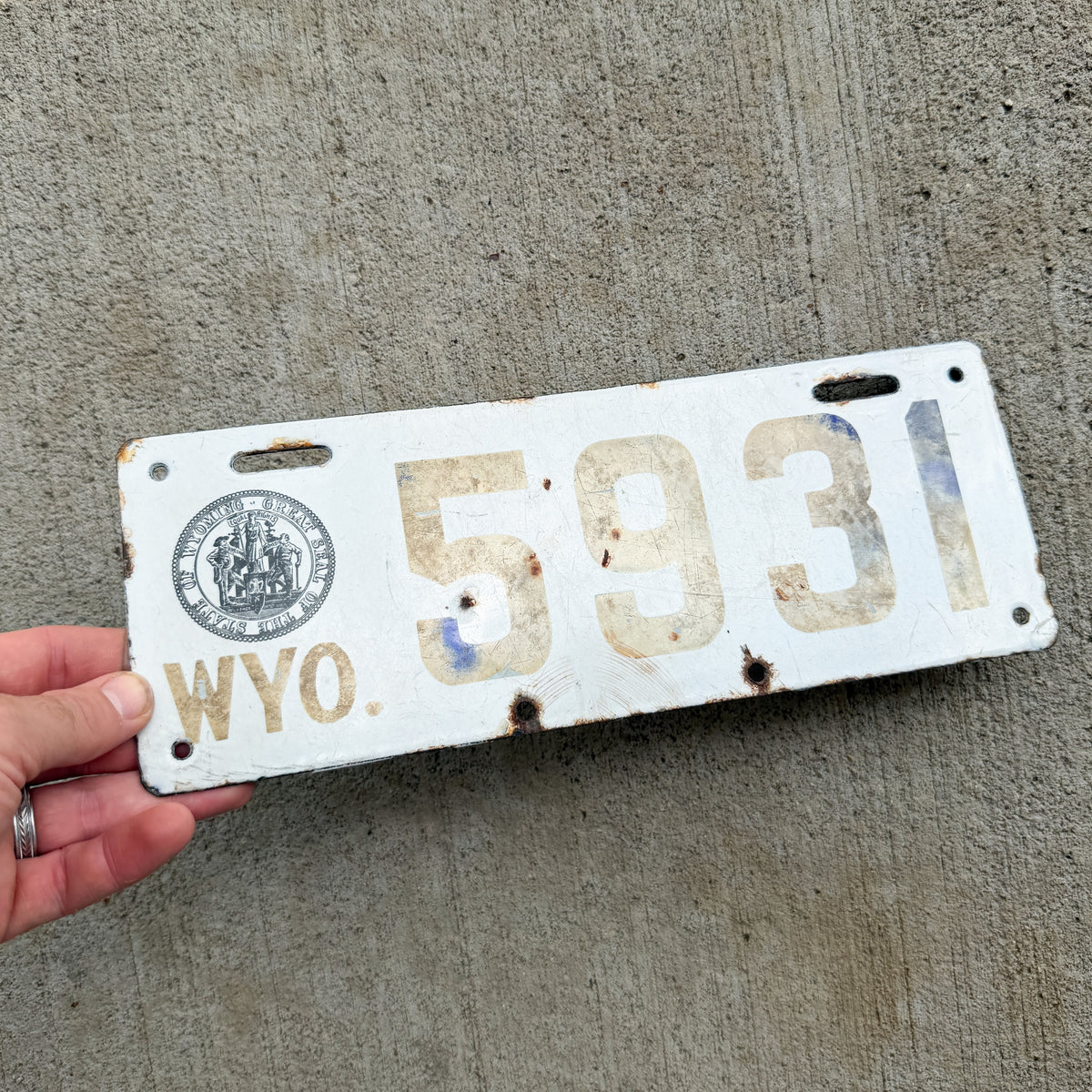 1916 Wyoming Porcelain License Plate Auto Tag Low Number Four DIgit 5931