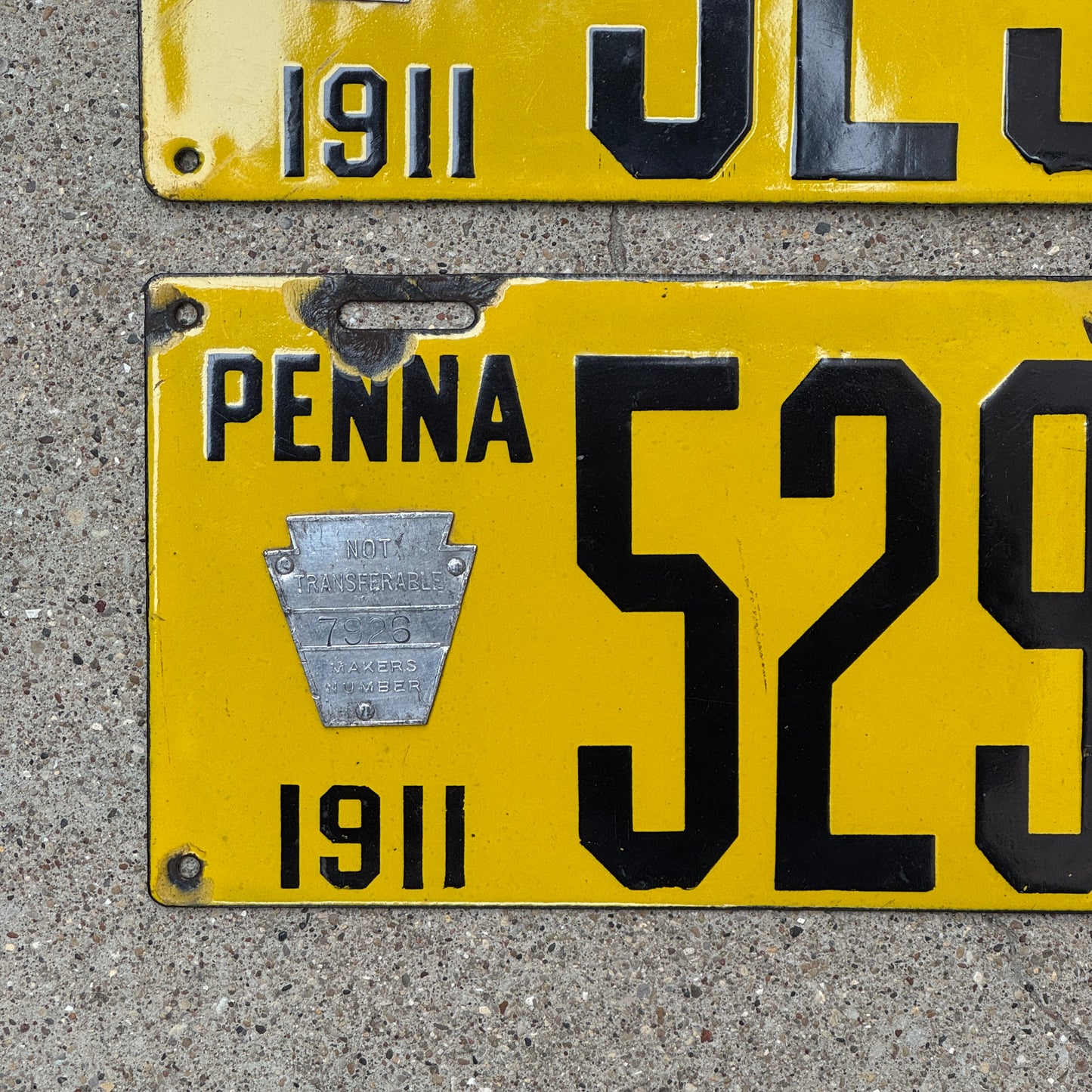 1911 Pennsylvania Porcelain License Plate Pair Auto Tag Low Number Four Digit 5299