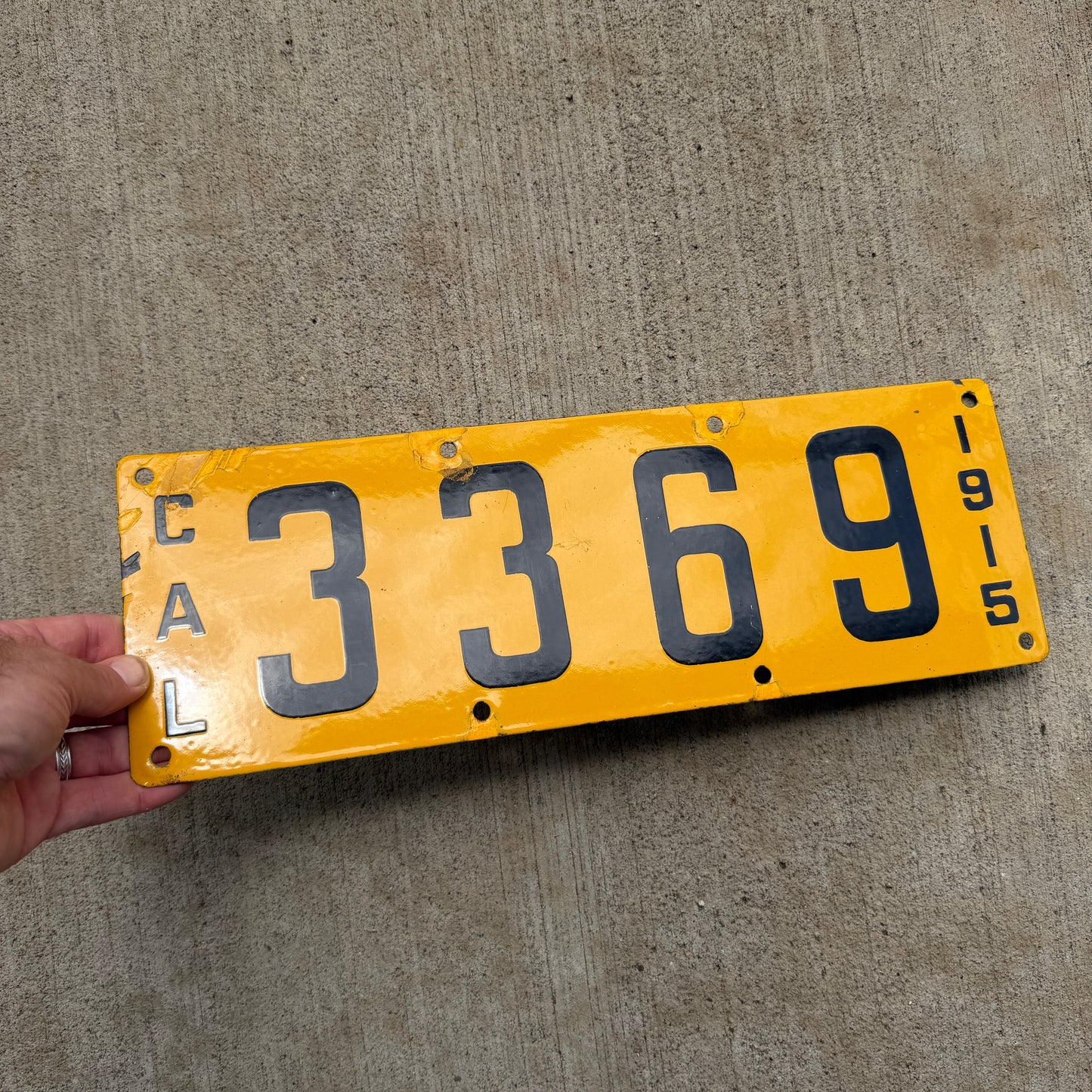 1915 California Porcelain License Plate Auto Tag Low Number Four Digit 3369