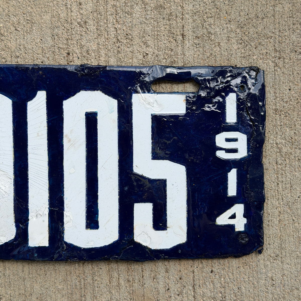 1914 Colorado Porcelain License Plate Auto Tag Low Number Four Digit 9105