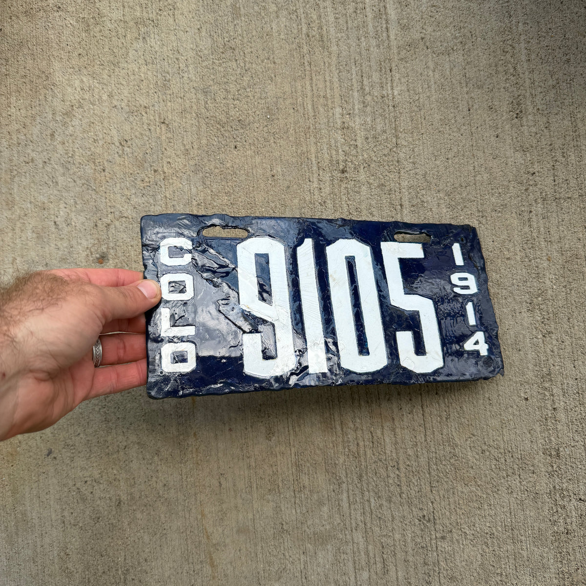 1914 Colorado Porcelain License Plate Auto Tag Low Number Four Digit 9105