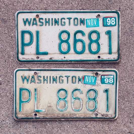 Two Washington state license plates with the number PL 8681 on a concrete surface.