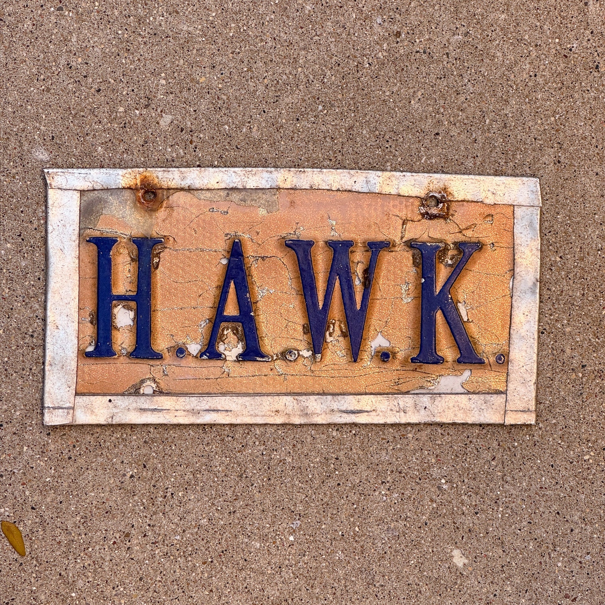 Photo of a License Plate Booster License Plate Auto Tag Garage Decor Vintage HAWK with original patina