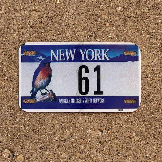Photo of a New York MOTORCYCLE License Plate Auto Tag Garage Decor Vintage American Children's Safety Network, Two Digit 61