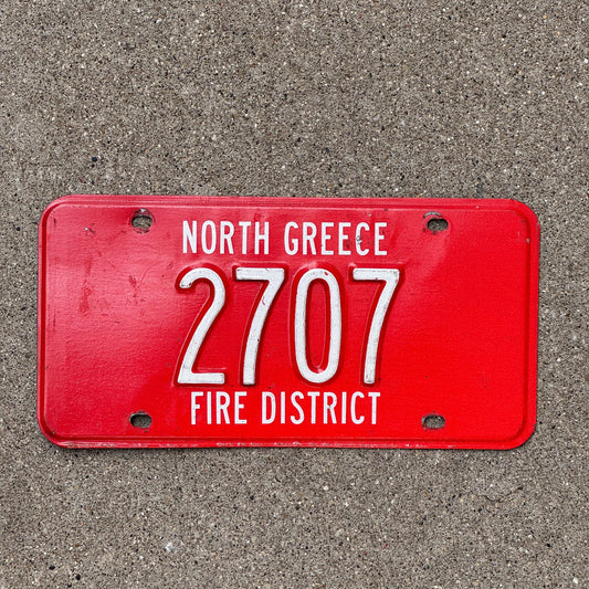 Photo of a New York North Greece Fire District License Plate Auto Tag Garage Decor Vintage Firefighter Fire Dept Red 2707