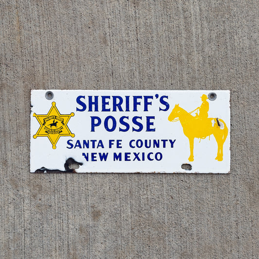 Photo of a Sheriff's Posse New Mexico Porcelain Booster License Plate Auto Tag Garage Decor Vintage Santa Fe County with original patina
